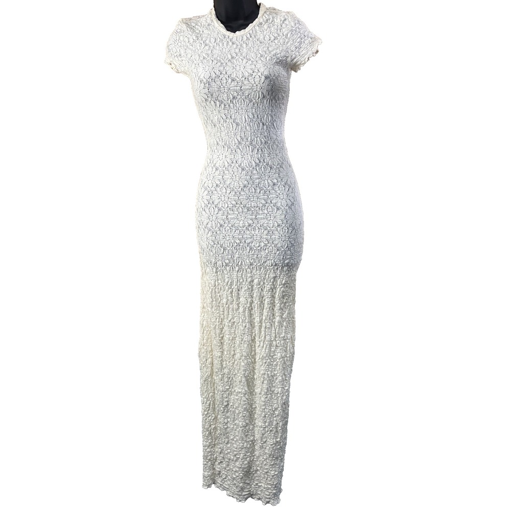 Forever 21 Maxi Dress Women S Cream Floral Lace Popcorn Knit Back‎ Slit Romantic